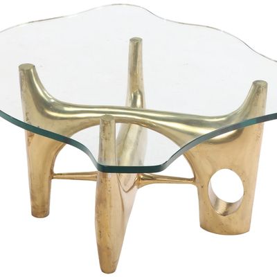 HEAVY CAST BRASS AND GLASS COFFEE TABLE.