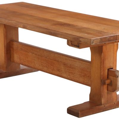 FRENCH BRUTALIST STYLE SOLID OAK TABLE HAVING MORTISE AND TENON CONSTRUCTION C 1960. DISMANTLES.