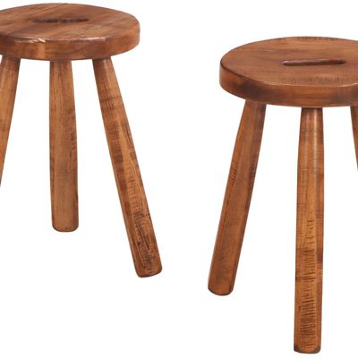 PAIR THREE LEG WOODEN STOOLS WITH SHAPED SEATS AND INTEGRAL HANDLES.