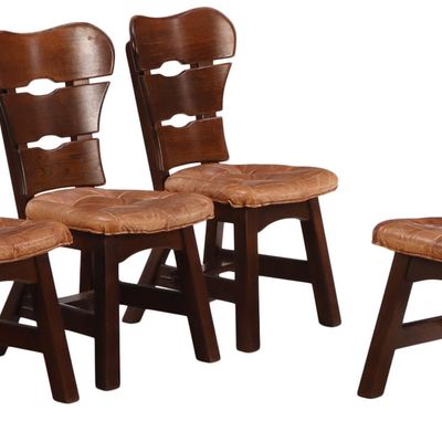 FOUR LARGE SCALE FRENCH SOLID OAK AND LEATHER BRUTALIST STYLE CHAIRS WITH CURVED BACKS C 1960.