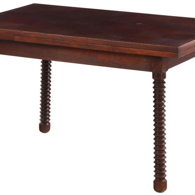 PETITE FRENCH OAK TABLE HAVING ELEGANT TURNED LEGS AND TWO LEAVES IN THE MANNER OF CHARLES DUDOUYT C