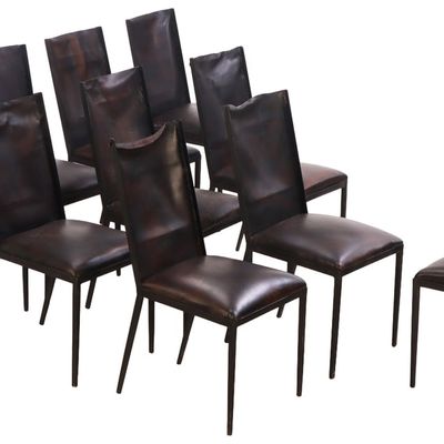 SET OF TEN PAINTED IRON AND LEATHER SIDE CHAIRS IN THE MANNER OF JEAN-MICHEL FRANK.