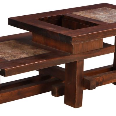 FRENCH WOOD AND INSET SLATE ASYMMETRIC BRUTALIST STYLE COFFEE TABLE C 1960.