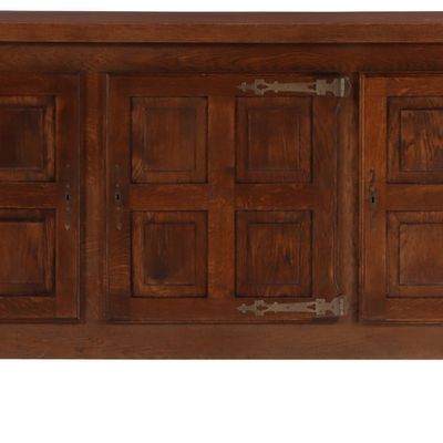 ONE OF TWO FRENCH BRUTALIST STYLE THREE DOOR OAK SIDEBOARDS WITH GEOMETRIC MOTIFS AND IRON STRAP