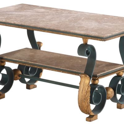 FRENCH PAINTED AND GILT IRON MARBLE TOP COFFEE TABLE ATTRIBUTED TO GILBERT POILERAT C 1950 HAVING