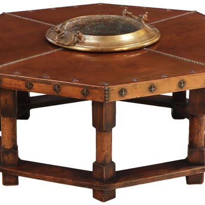 FRENCH OAK AND COPPER CLAD BRUTALIST STYLE COFFEE TABLE HAVING CENTRAL BRASS BOWL AND METAL STUD