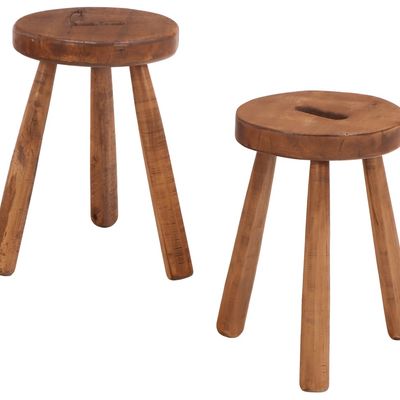 PAIR OF PRIMITIVE THREE LEG SOLID WOOD FRENCH STOOLS.