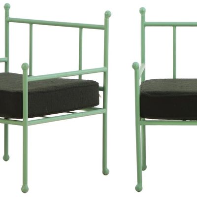PAIR PAINTED IRON CHAIRS IN THE MANNER OF JEAN-MICHEL FRANK WITH LOOSE CUSHION UPHOLSTERY