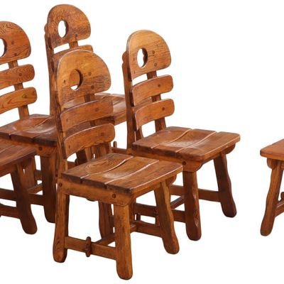 SIX FRENCH LARGE SCALE SOLID OAK BRUTALIST STYLE DINING CHAIRS WITH CURVED BACKS C 1960.