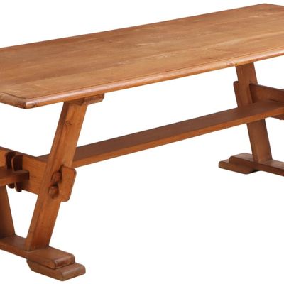 ONE OF TWO FRENCH SOLID OAK TABLES OF ARCHITECTURAL FORM HAVING MORTISE AND TENON