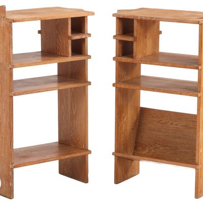 A PAIR OF FRENCH CERUSED OAK OPEN BOOKCASES C 1945.