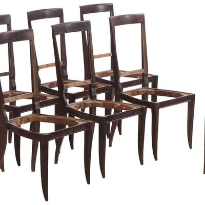 SET OF EIGHT FRENCH ART DECO DINING CHAIRS BY MAURICE JALLOT C. 1945. DARK CERUSED OAK FINISH.