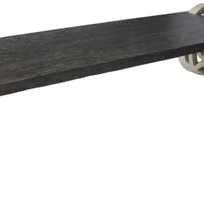CONTEMPORARY MONUMENTAL CERUSED TEAK TABLE OR DESK HAVING AN INTRICATE CARVED CUT-OUT MARBLE