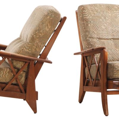 PAIR OF ADJUSTABLE FRENCH ARM CHAIRS WITH LOOSE CUSHION UPHOLSTERY C 1950.