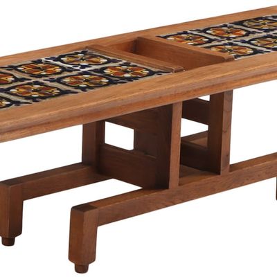 LARGE FRENCH OAK AND TILE COFFEE TABLE BY GUILLERME AND CHAMBRON C 1960.