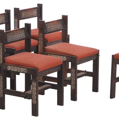 SIX SOLID OAK CARVED DINING CHAIRS WITH SWIVEL BACK REST AND INCISED CARVINGS C 1950.