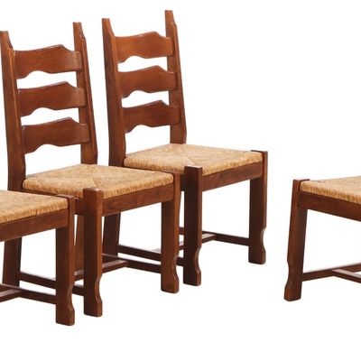 FOUR SOLID OAK T STYLE HAVING RUSH SEATS AND SLAT BACKS C 1960.