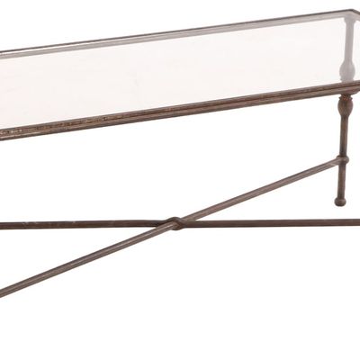 GILBERT POILLERAT STYLE WROUGHT IRON AND GLASS-TOP COFFEE TABLE C. 1950, FRANCE.