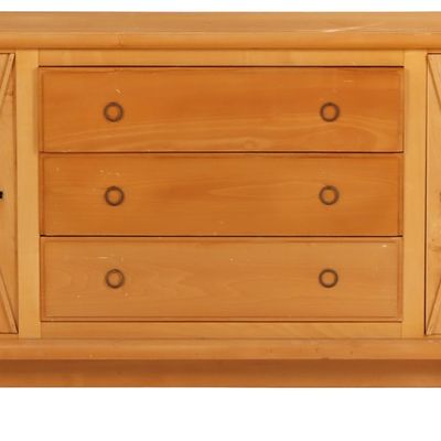 FRENCH SYCAMORE SIDEBOARD HAVING X DESIGN, TWO DOORS AND FOUR DRAWERS ATTRIBUTED TO JEAN ROYERE C