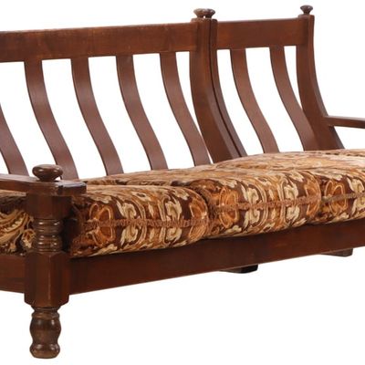 TWO PART OAK BRUTALIST STYLE SOFA WITH DETACHABLE CHAIR HAVING LOOSE CUSHION UPHOLSTERY C 1960.