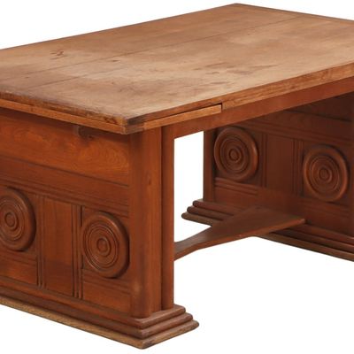 FRENCH OAK DINING TABLE WITH TWO LEAVES AND CIRCULAR DESIGN IN THE MANNER OF CHARLES DUDOUYT C