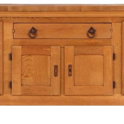 QUALITY SOLID OAK BRUTALIST STYLE SIDEBOARD HAVING IRON STRAP HINGES C 1960.