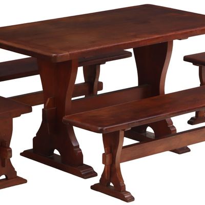 A TABLE AND FOUR HEAVY BRAZILIAN WOOD BENCHES MADE FROM A VERY DENSE EXOTIC WOOD C 1960.