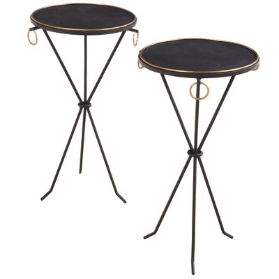 PAIR OF IRON AND BRONZE DRINKS TABLES WITH RING DECORATION IN THE MANNER OF JEAN-MICHEL FRANK.