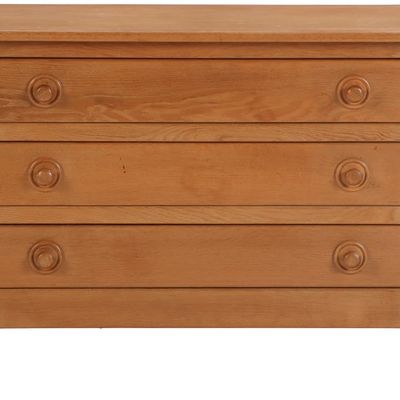 FRENCH SOLID OAK BRUTALIST STYLE DRESSER HAVING THREE DRAWERS  C 1960.
