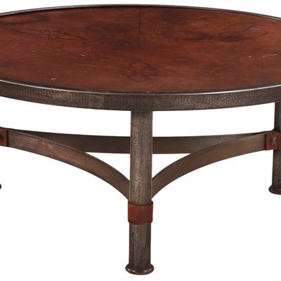 FRENCH BRUTALIST STYLE IRON AND EMBOSSED LEATHER COFFEE TABLE C 1960 IN THE MANNER OF JEAN PIERRE