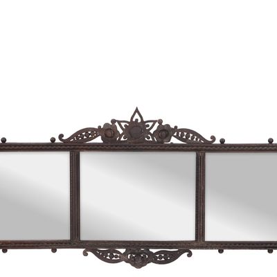 FRENCH ART DECO EDGAR BRANT STYLE WROUGHT IRON MIRROR C. 1925 HAVING THREE MIRRORS AND TALL POSTS
