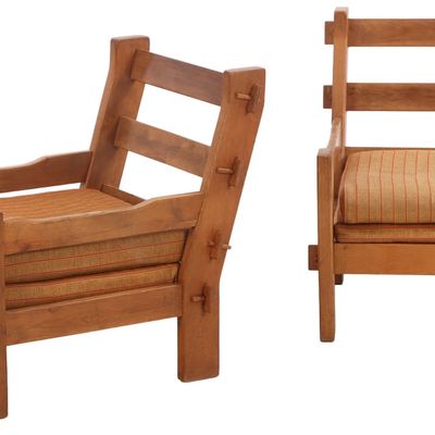 PAIR OF FRENCH BRUTALIST STYLE SOLID OAK LOUNGE CHAIRS WITH MORTISE AND TENON CONSTRUCTION AND