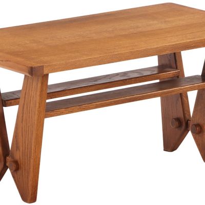 FRENCH OAK COFFEE TABLE BY GUILLERME AND CHAMBRON HAVING ANGULAR MOTIF C 1960.