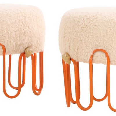 PAIR OF PAINTED CAST IRON AND BRASS UPHOLSTERED STOOLS IN THE MANNER OF ROYERE HAVING CAST