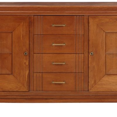 FRENCH OAK SIDEBOARD HAVING TWO DOORS AND A CENTRAL BANK OF DRAWERS C 1940 IN THE MANNER OF