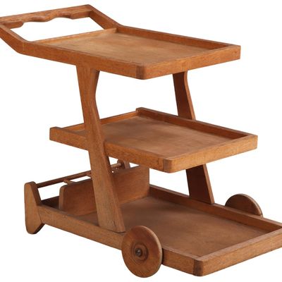 FRENCH OAK THREE TIERED BAR CART ATTRIBUTED TO CHAMBRON AND GUILLERME C 1965.