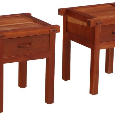 MODERN PAIR OF BRUTALIST STYLE SINGLE DRAWER NIGHT STANDS IN CHERRY AND SYCAMORE HAVING PEGGED