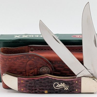 2002 Case XX Silver Script Cranberry Bone Folding Hunter 6265 w/ Sheath & Box