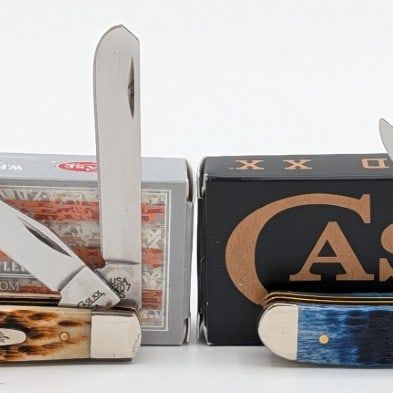 2018 & 23 Case XX Burnt Amber & Navy Blue Bone Mini Trappers 6207 w/ Boxes