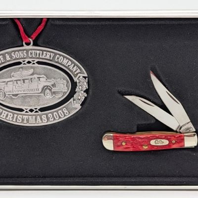 2008 Case XX Christmas Red Bone Wharncliffe Tiny Trapper 62154W w/ Tin