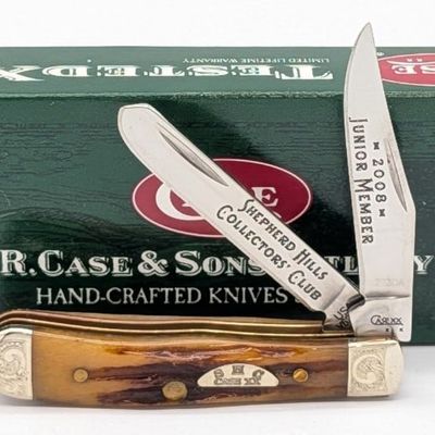 Ltd 2008 Case XX SHCC Jr. Member Vintage Bone Scroll Bolster Tiny Trapper 62154 w/ Box