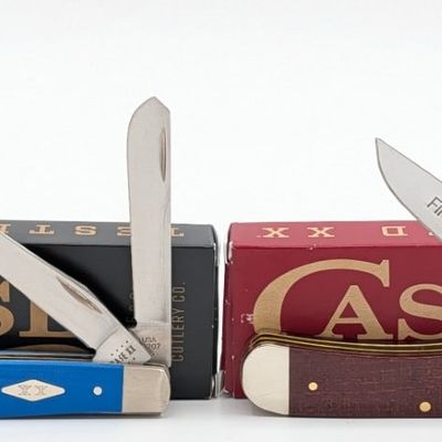2023 & 25 Case XX Blue G-10 & Red Burlap Micarta Mini Trapper & Trapper w/ Boxes