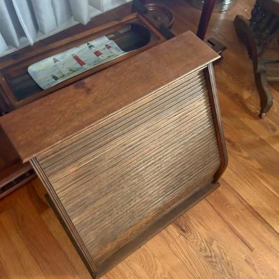 Sale Photo Thumbnail #50: Vintage wooden roll-top bread box or storage bin.