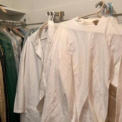 Sale Photo Thumbnail #71: White Russell Athletic long-sleeve shirt with a State Police collar logo, white lab coat.