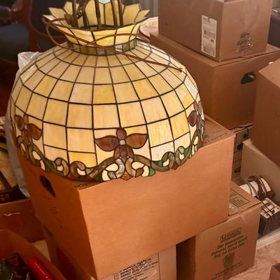 Sale Photo Thumbnail #54: Tiffany-style stained glass pendant lamp shade featuring a yellow grid pattern with a floral and scrollwork border.
