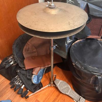 Sale Photo Thumbnail #30: Vintage Slingerland hi-hat stand with cymbals.