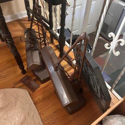 Sale Photo Thumbnail #124: Two vintage brown metal gooseneck desk lamps.