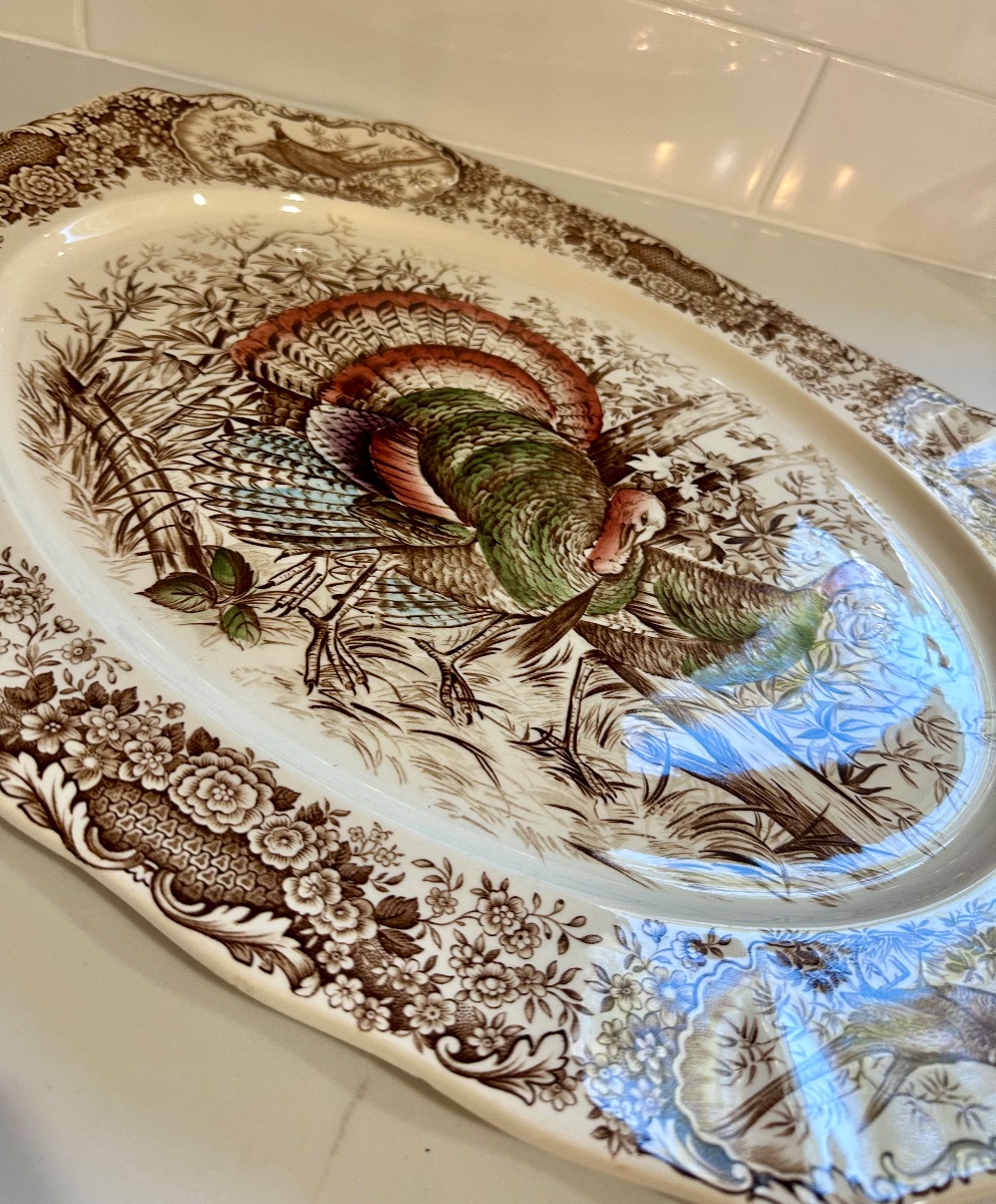 Vintage Johnson Brothers "His Majesty" oval turkey platter, featuring a detailed transferware design with a colorful turkey in...