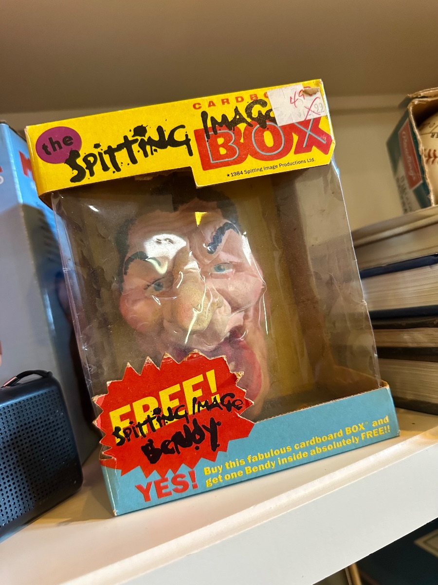 Vintage 1984 Spitting Image "Bendy" figure in its original cardboard box packaging.