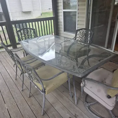 Glass Top Patio Table, 5 Chairs, And Matching Side Table